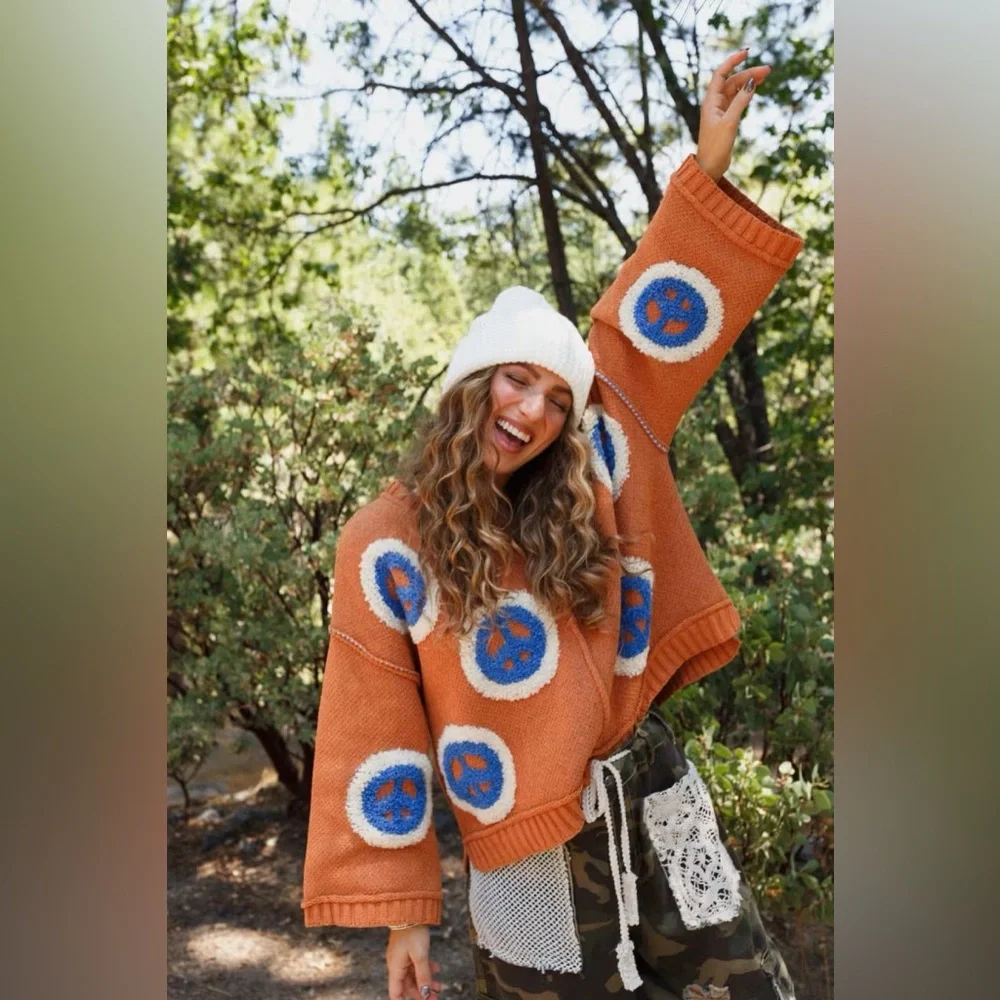 Three Bird Nest • Orange & Blue Chenille Peace Sign V Neck Sweater • Oversized - Picture 3 of 10